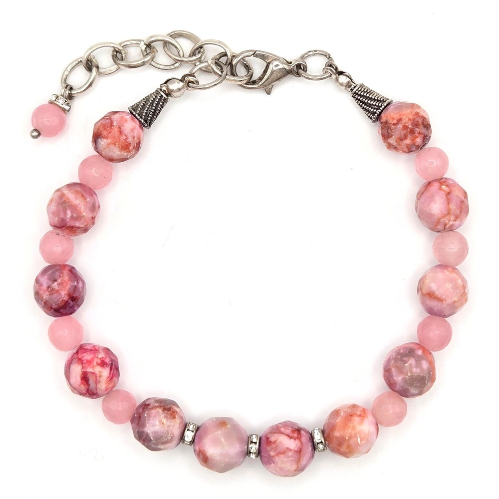 Pink Faceted Bead Bracelet Rhodonite Rose Quartz Silver Tone Rhinestone Accents